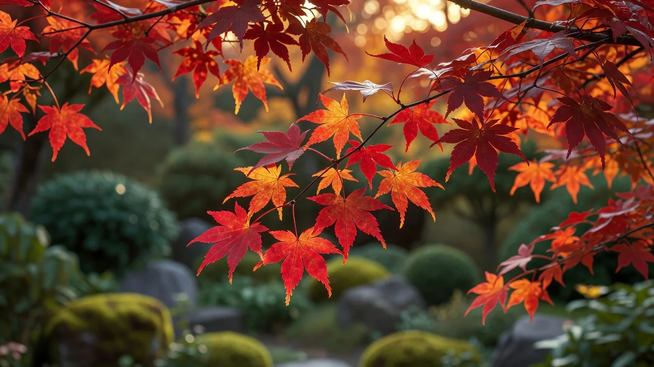 秋の紅葉したカエデの葉のクローズアップ
