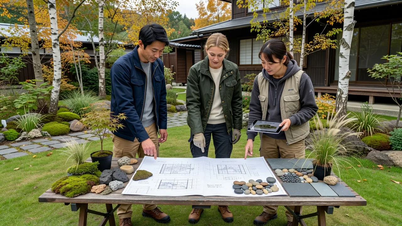 庭園デザインの打ち合わせ風景、テーブルに広げた設計図とサンプル素材を囲むスタッフとお客様