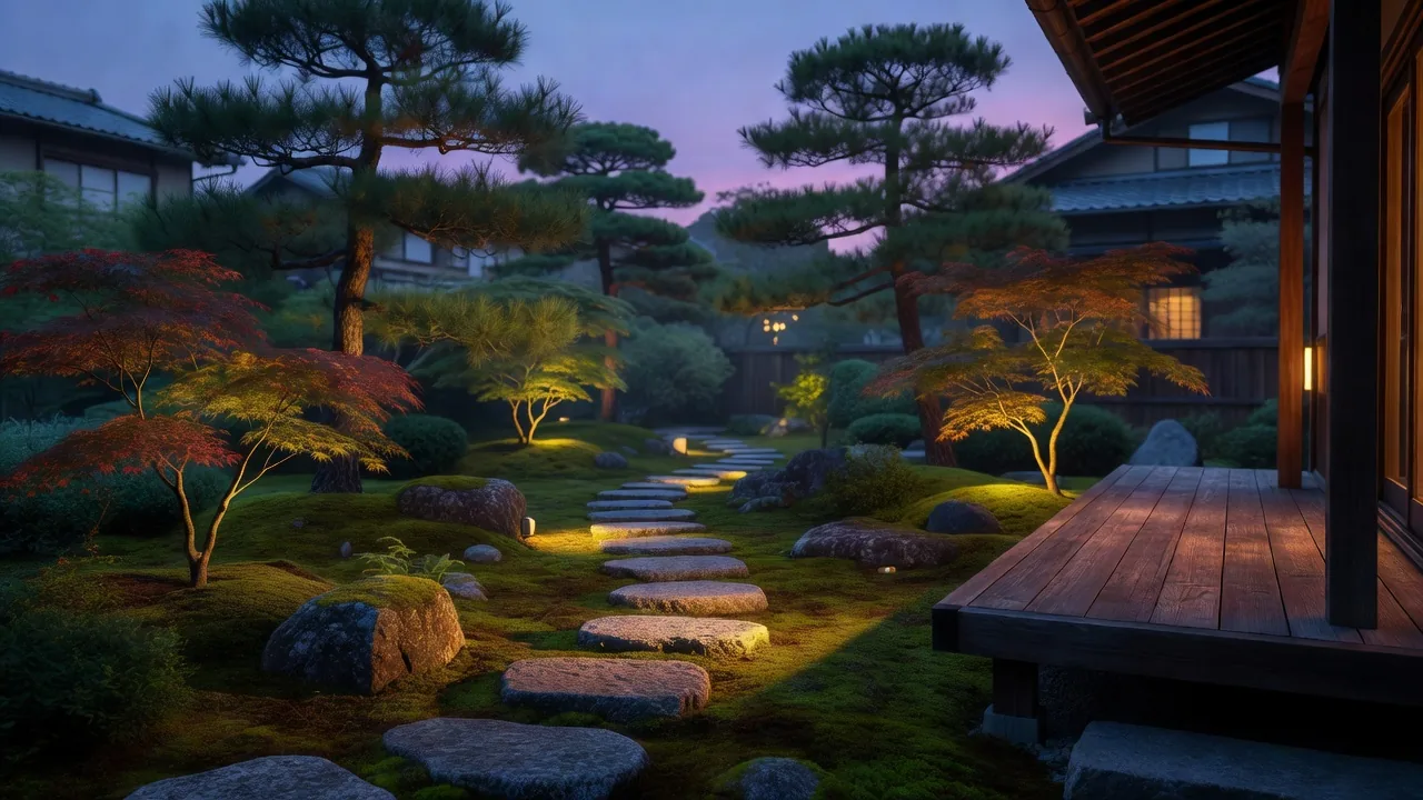 夕暮れ時の庭園ライティング