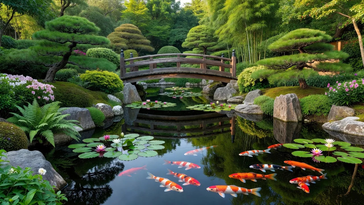 錦鯉が泳ぐ和風庭園の池、睡蓮が水面に浮かぶ情緒ある水景