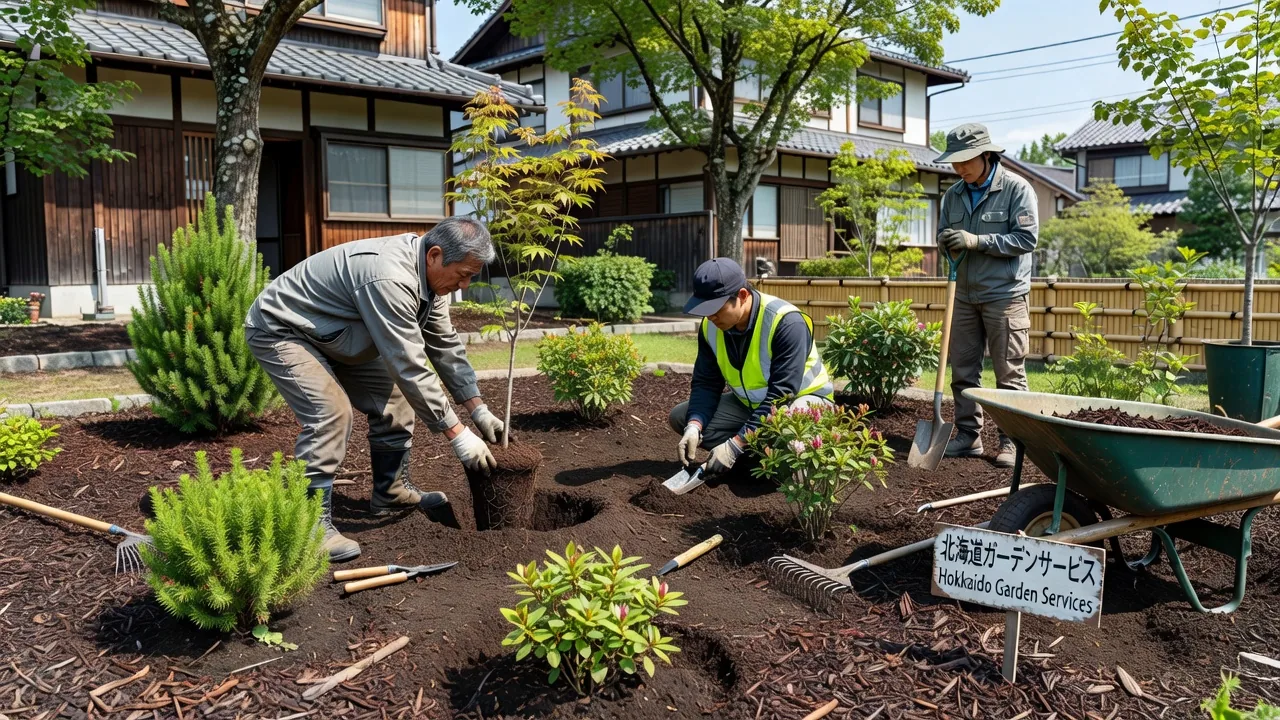 低木・樹木の植え付け施工中の様子