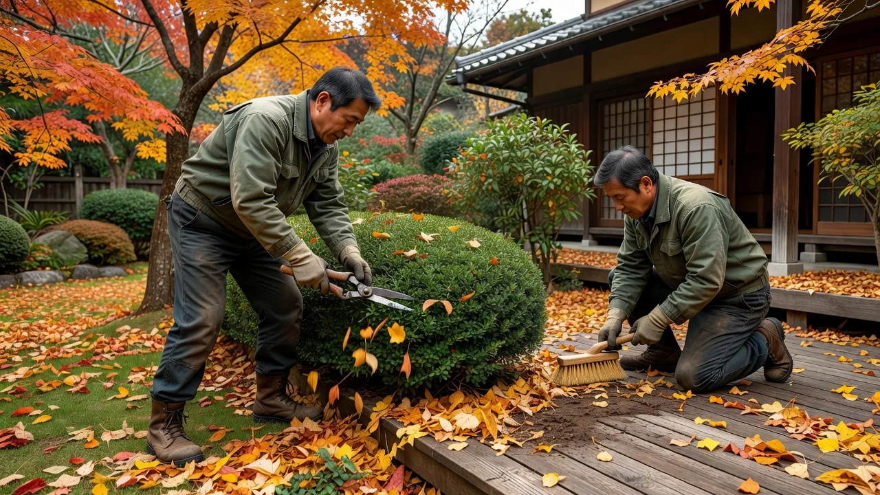 秋の庭のメンテナンス作業