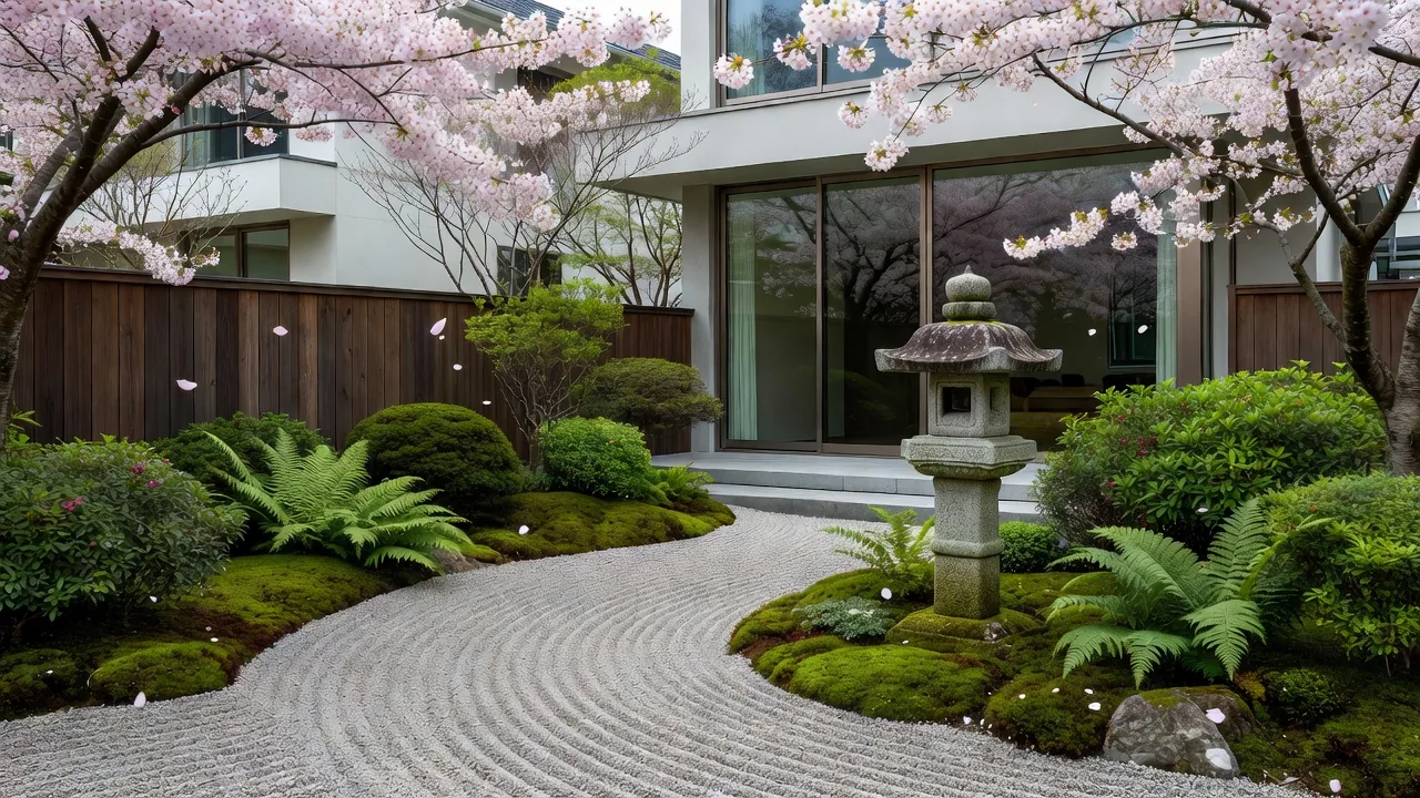 春の桜が満開に咲き誇る和風庭園、石畳のアプローチと桃色の花びらが美しい