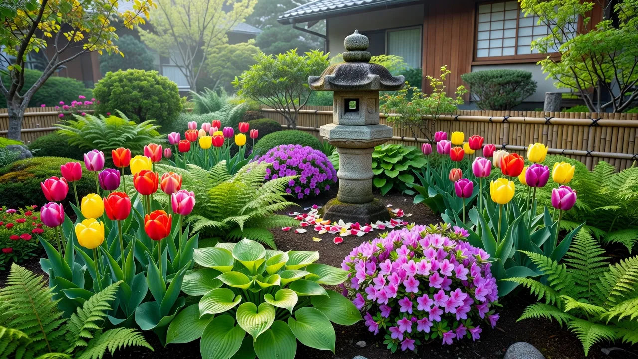 春の花壇に咲くチューリップ