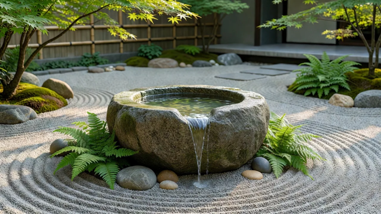 竹筒から水が流れる伝統的なつくばいと手水鉢の施工例