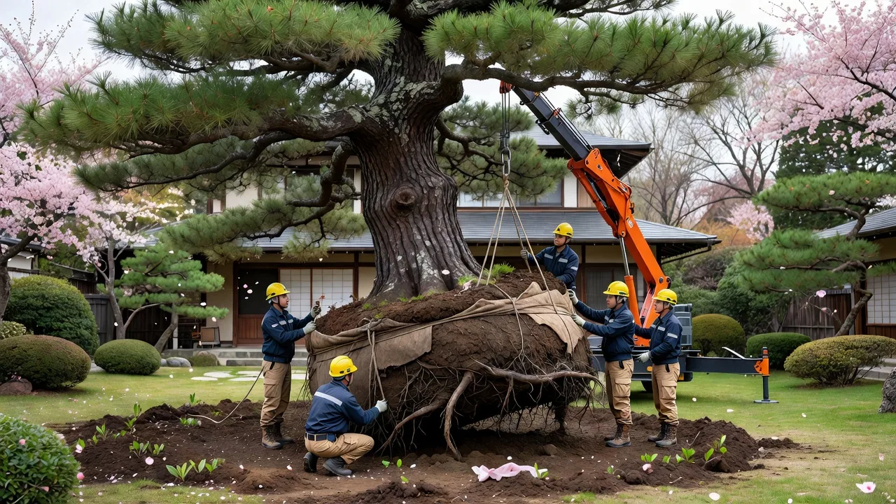 松の木の移植作業：熟練の職人による丁寧な施工