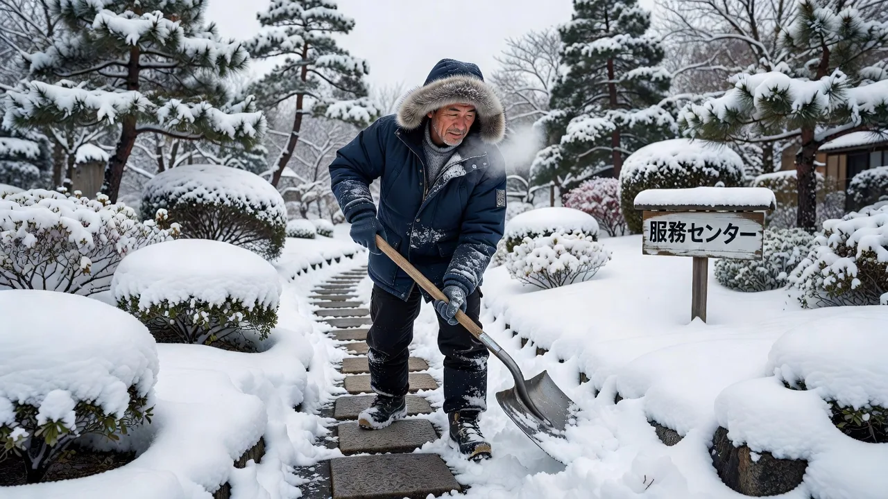 冬の雪囲い作業