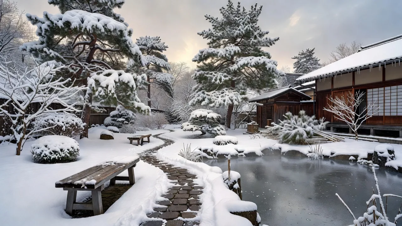 雪に覆われた庭のメンテナンス風景