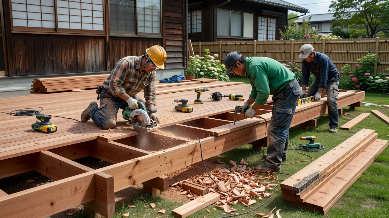 ウッドデッキの施工中の様子。根太と大引きの組み立て作業が進んでいる