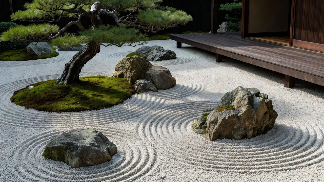 枯山水の日本庭園、白砂の波紋と苔むした石組みの静謐な空間